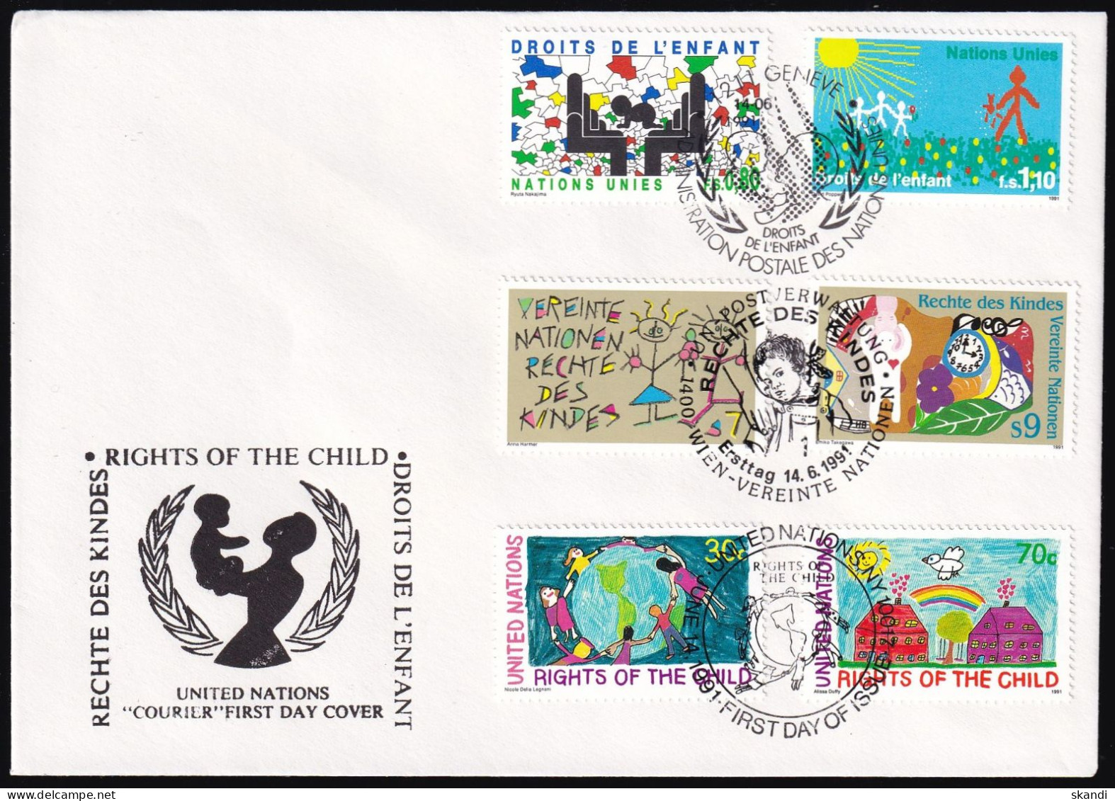 UNO NEW YORK - WIEN - GENF 1991 TRIO-FDC Rechte Des Kindes - Gezamelijke Uitgaven New York/Genève/Wenen