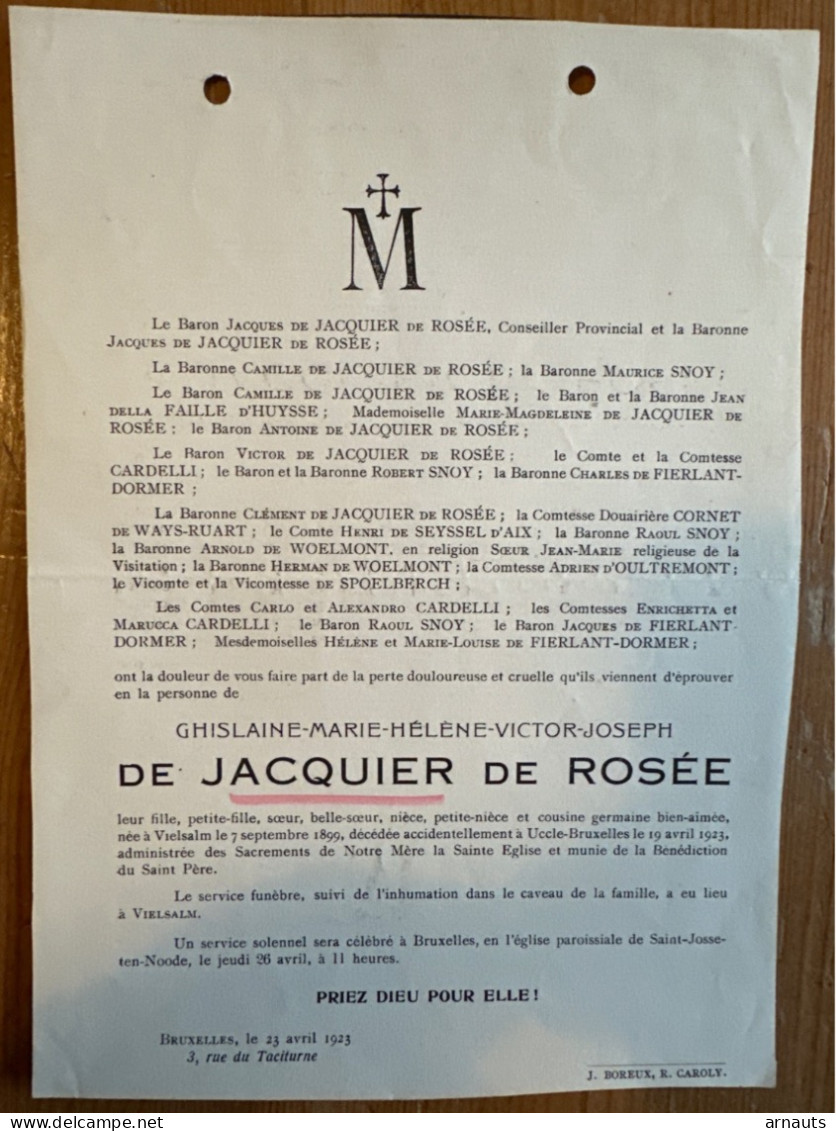 Ghislaine De Jacquier De Rosée *1899 Vielsalm +1923 Uccle Bruxelles Snoy Della Faille D’Huysse De Fierlant Dormer Cornet - Décès