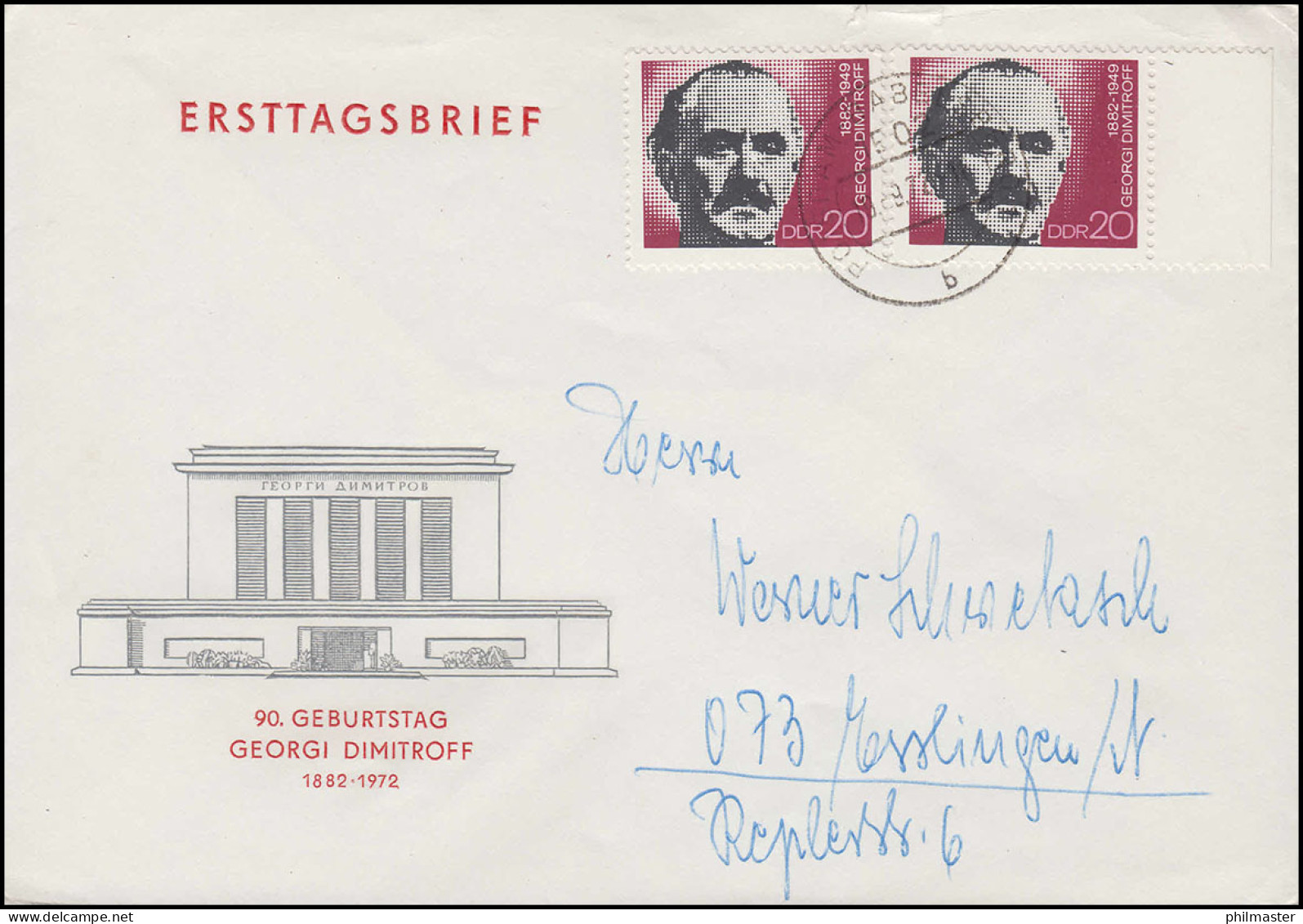 1784 Dimitrow 1972 - Randpaar Auf FDC ET-O POTSDAM-BABELSBERG Nach Esslingen - Briefe U. Dokumente