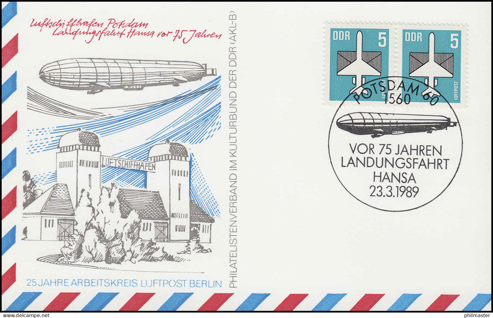 Schmuck-Postkarte 75 Jahre Landungsfahrt Zeppelin HANSA, SSt POTSDAM 23.3.1989  - Zeppelines