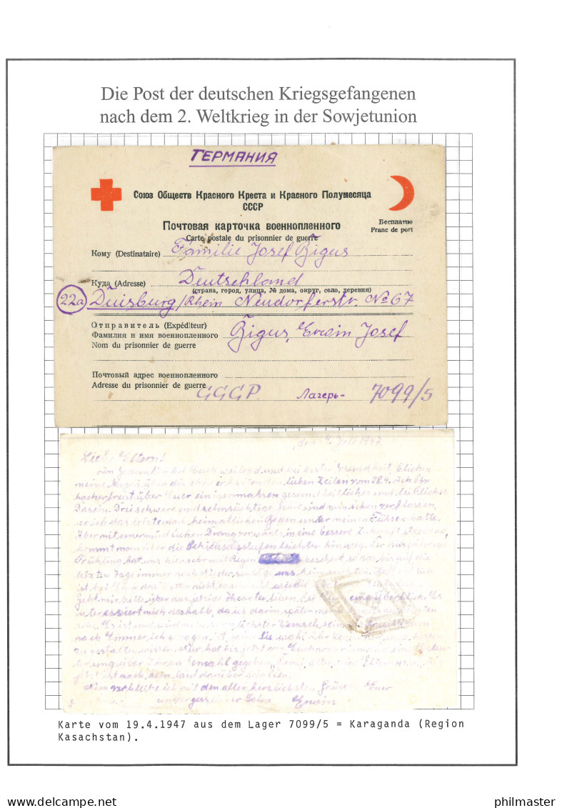 Kriegsgefangenenpost Karaganda Lager 7099/5 Karte Nach Duisburg Vom 19.4.1947 - Feldpost World War II