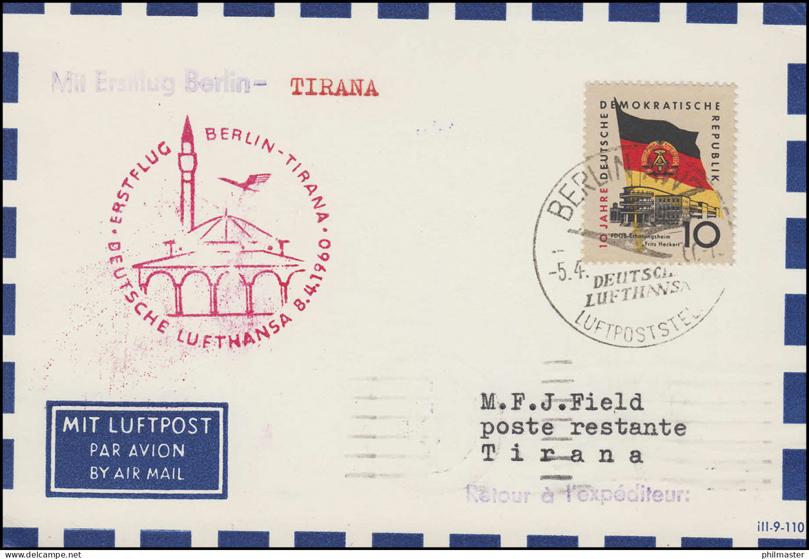 Erstflug Lufthansa Berlin-Tirana Postkarte 723, SSt BERLIN LUFTPOSTSTELLE 5.4.60 - Erst- U. Sonderflugbriefe