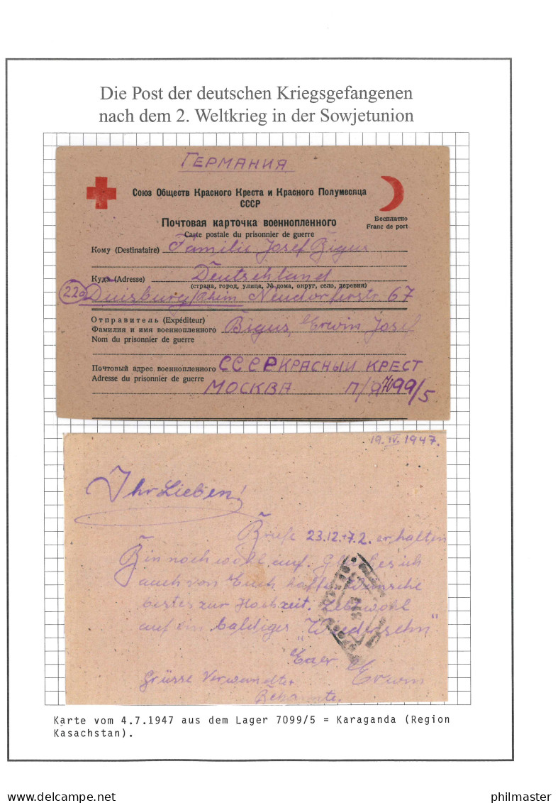 Kriegsgefangenenpost Karte Aus Lager 7099/ Karaganda Nach Duisburg Vom 4.7.1947 - Feldpost World War II