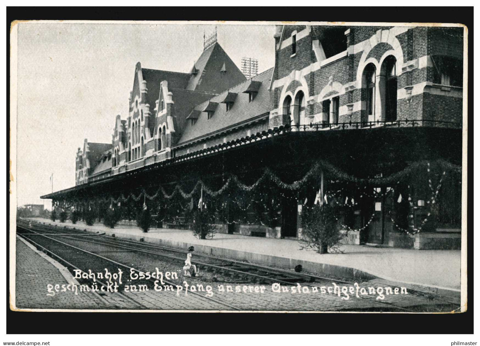 Foto-AK Bahnhof Esschen Geschmückt Zum Empfang Der Gefangenen, Feldpost Um 1916  - Sonstige & Ohne Zuordnung