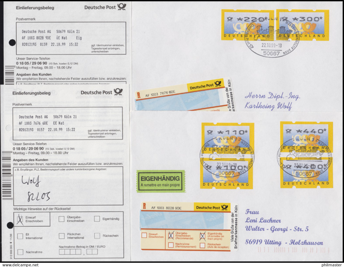 3.2. Briefkasten VS1: 2 R-FDC S-R-Zettel Briefmarkenmesse FDC ESSt KÖLN 22.10.99 - R- & V- Vignetten