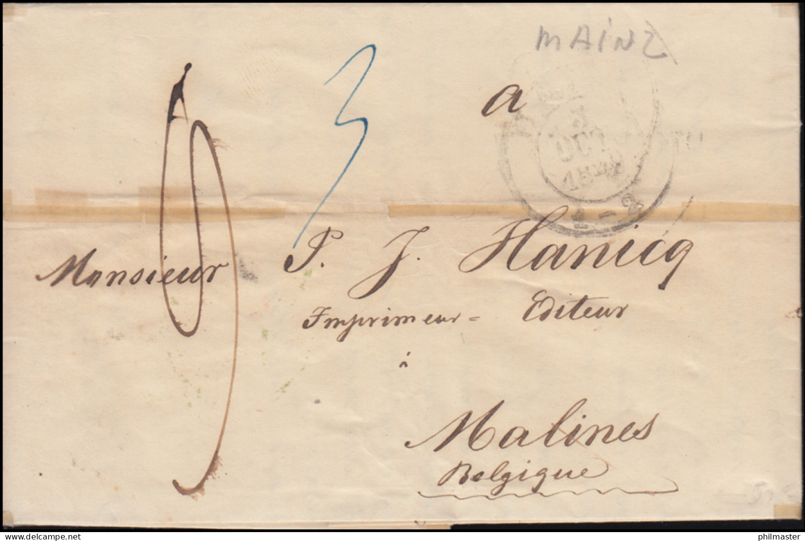 Preußen Vorphilatelie Faltbrief MAINZ 3.10.1849 Nach MALINES 5.10.49 Transit-O - Prephilately