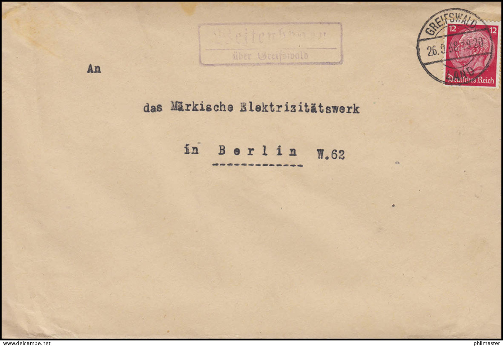 Landpost WEITENHAGEN über GREIFSWALD 26.9.1938 Auf Brief Nach BERLIN - Other & Unclassified