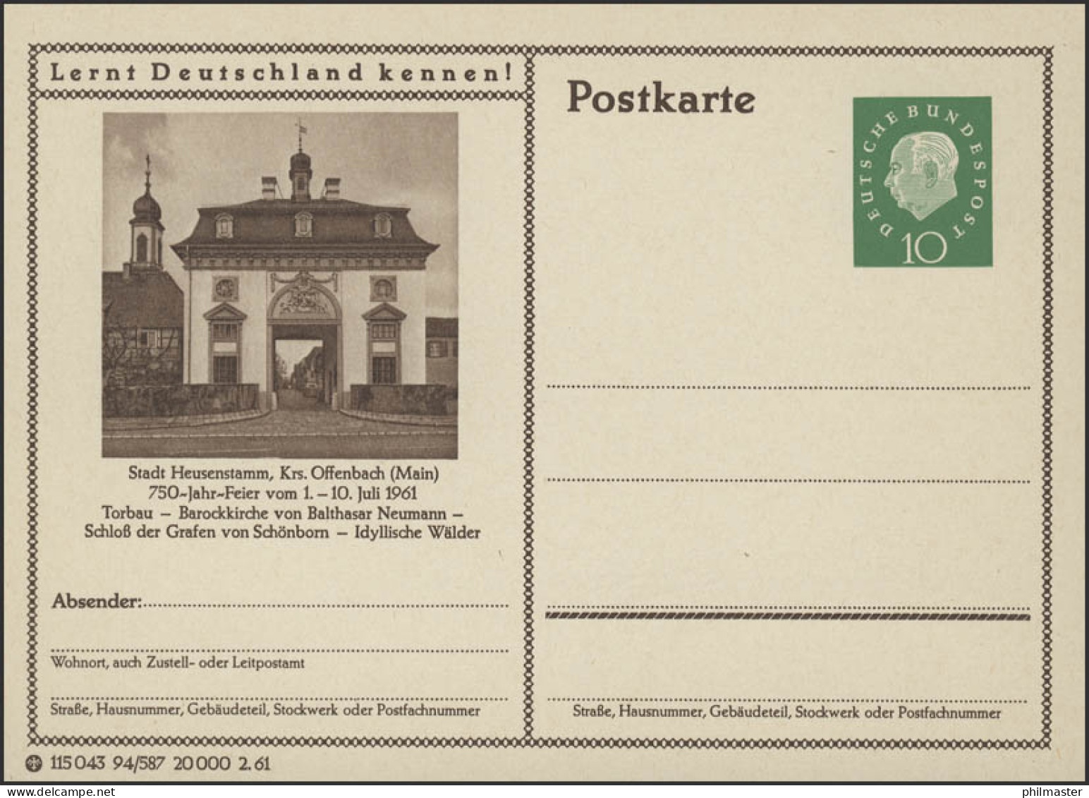 P053-94/587 Heusenstamm, Kreis Offenbach, 750-Jahr-Feier 1961 ** - Postales Ilustrados - Nuevos