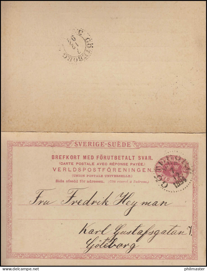 Postkarte P 22 SVERIGE-SUEDE 10/10 Öre, GÖTEBORG 7.12.1894 Als Ortsdoppelkarte - Enteros Postales