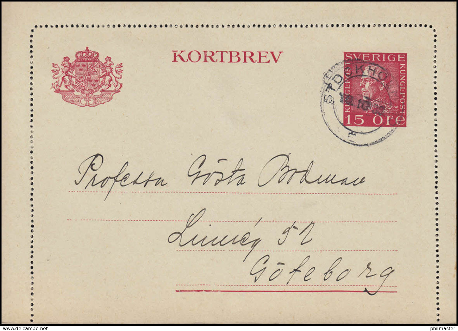 Kartenbrief K 27IW KORTBREV 15 Öre, STOCKHOLM 10.10.1930 Nach Göteborg - Postal Stationery