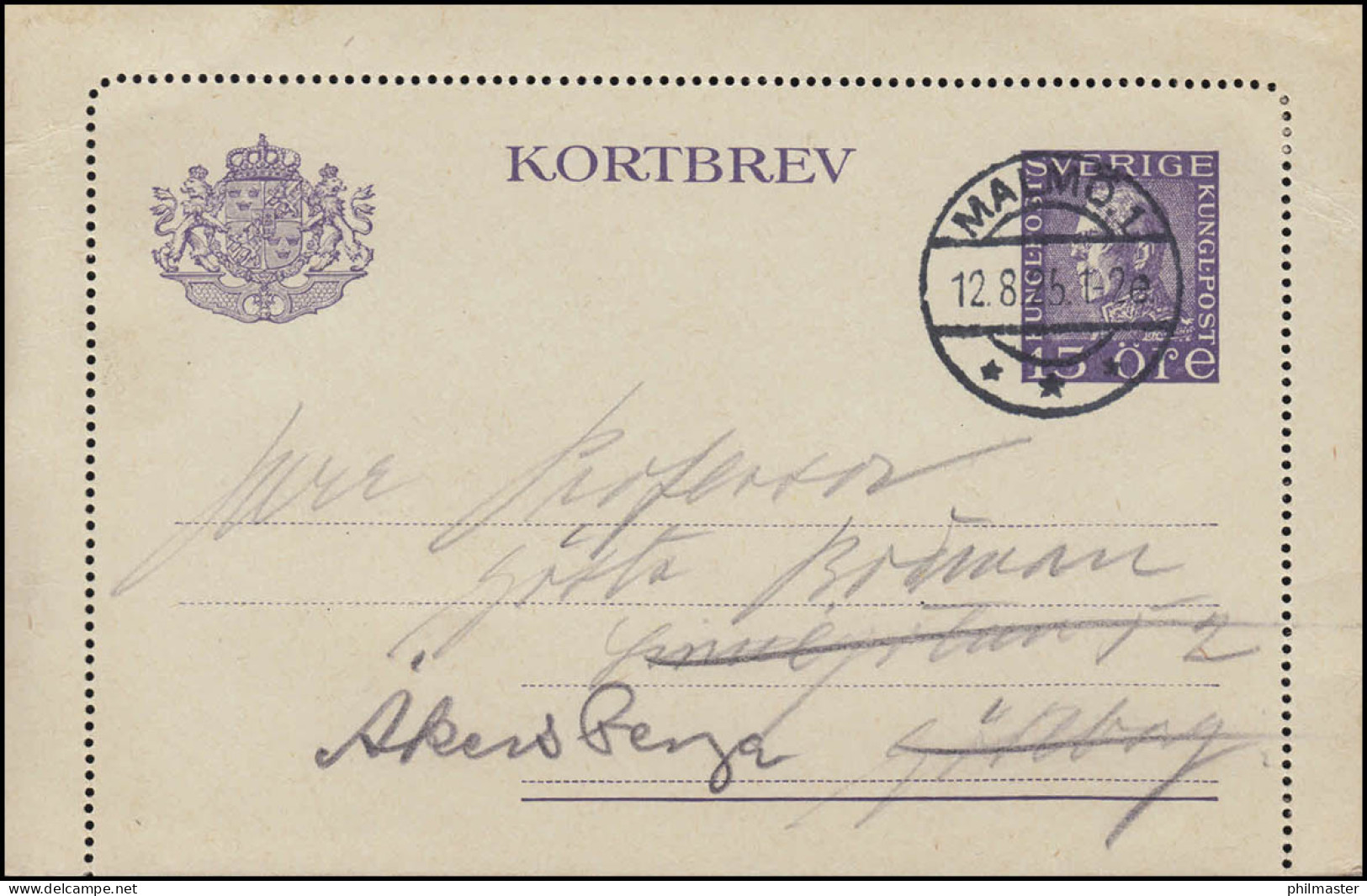 Kartenbrief K 23 KORTBREV 15 Öre, MALMÖ 12.8.25 Nach Göteborg, Karte Mit Rand - Postal Stationery