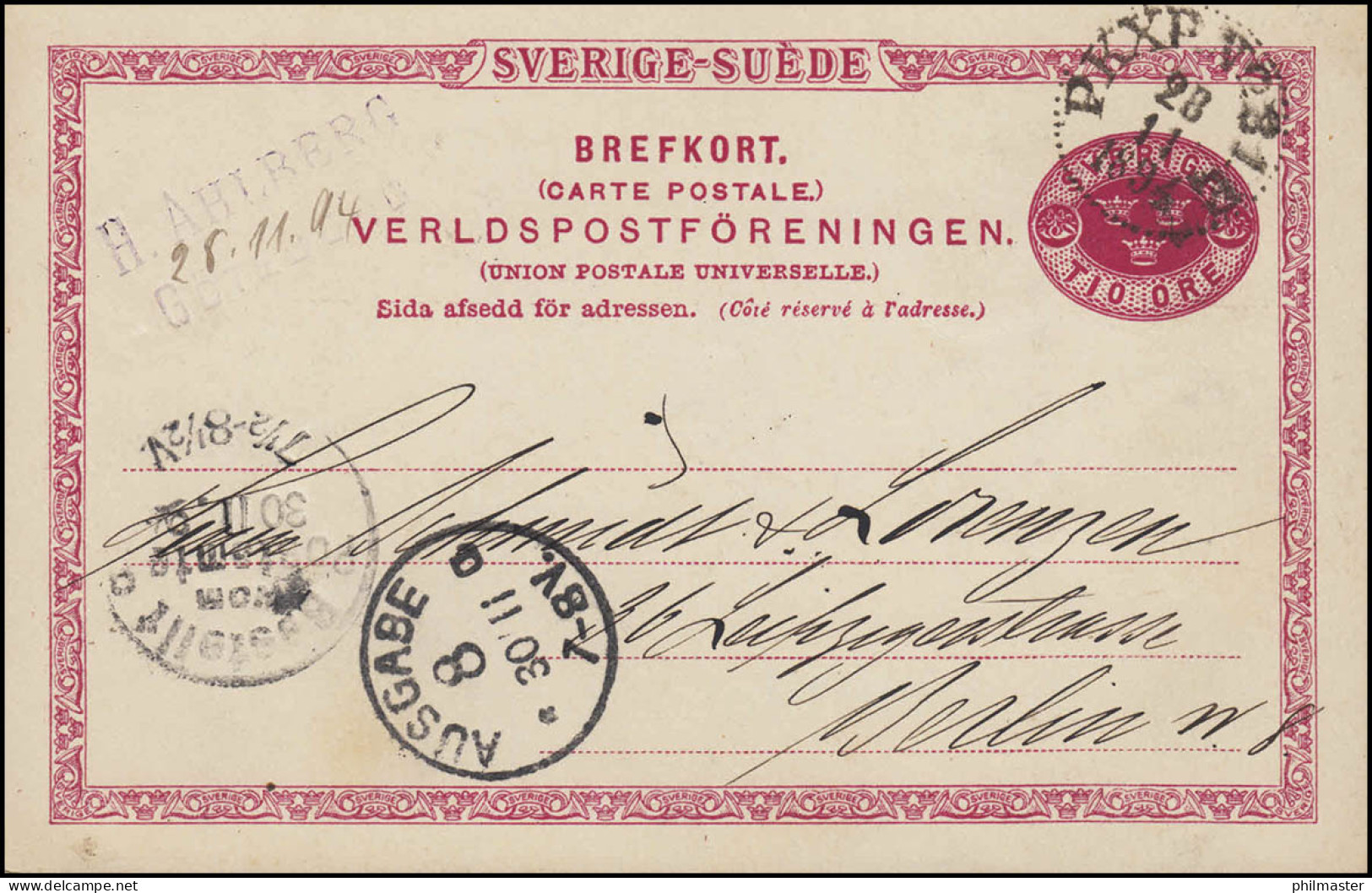 Postkarte P 20 SVERIGE-SUEDE 10 Öre, Bahnpost PKXP No.31 28.11.1894 Nach Berlin - Altri & Non Classificati