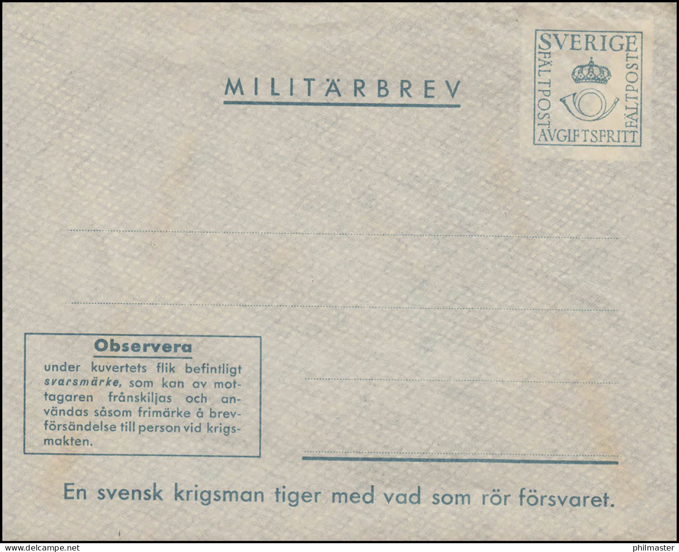 Militärpost MILITÄRBREV FÄLTPOST - Rückseitig SVARSMÄRKE Mittig, ** Postfrisch - Postal Stationery