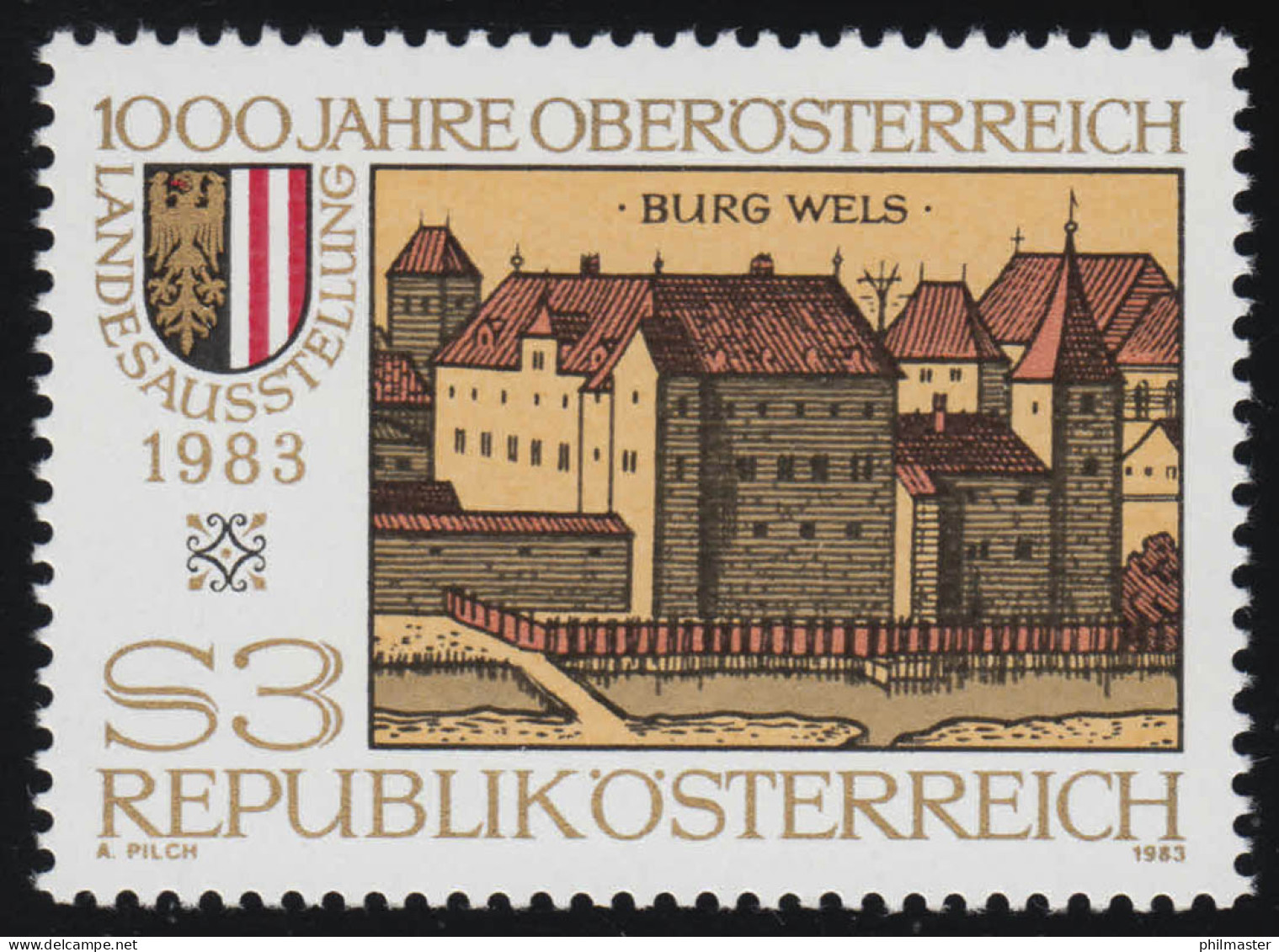 1736 Landesausstellung 1000 Jahre Oberösterreich, Burg Wels + Wappen, 3 S, ** - Unused Stamps