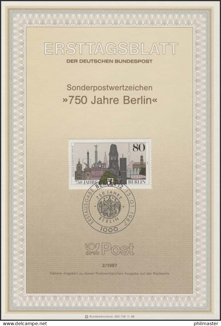 ETB 02/1987 750 Jahre Berlin: Sehenswürdigkeiten Mit Stadtwappen - 1er Día – FDC (hojas)