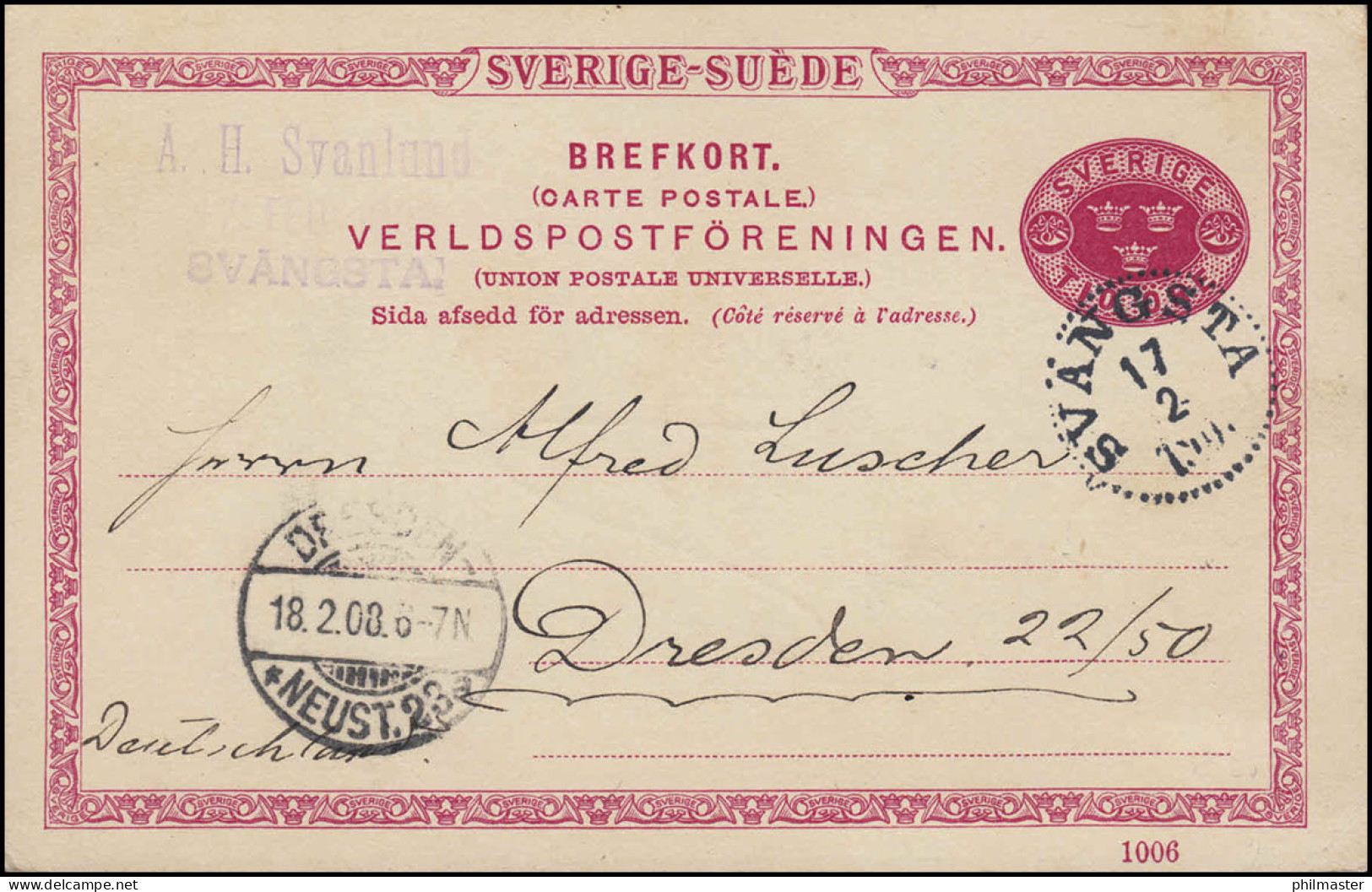 Postkarte P 25 SVERIGE-SUEDE 10 Öre Mit DV 1006, SVÄNGSTA 17.2.1908 Nach DRESDEN - Enteros Postales