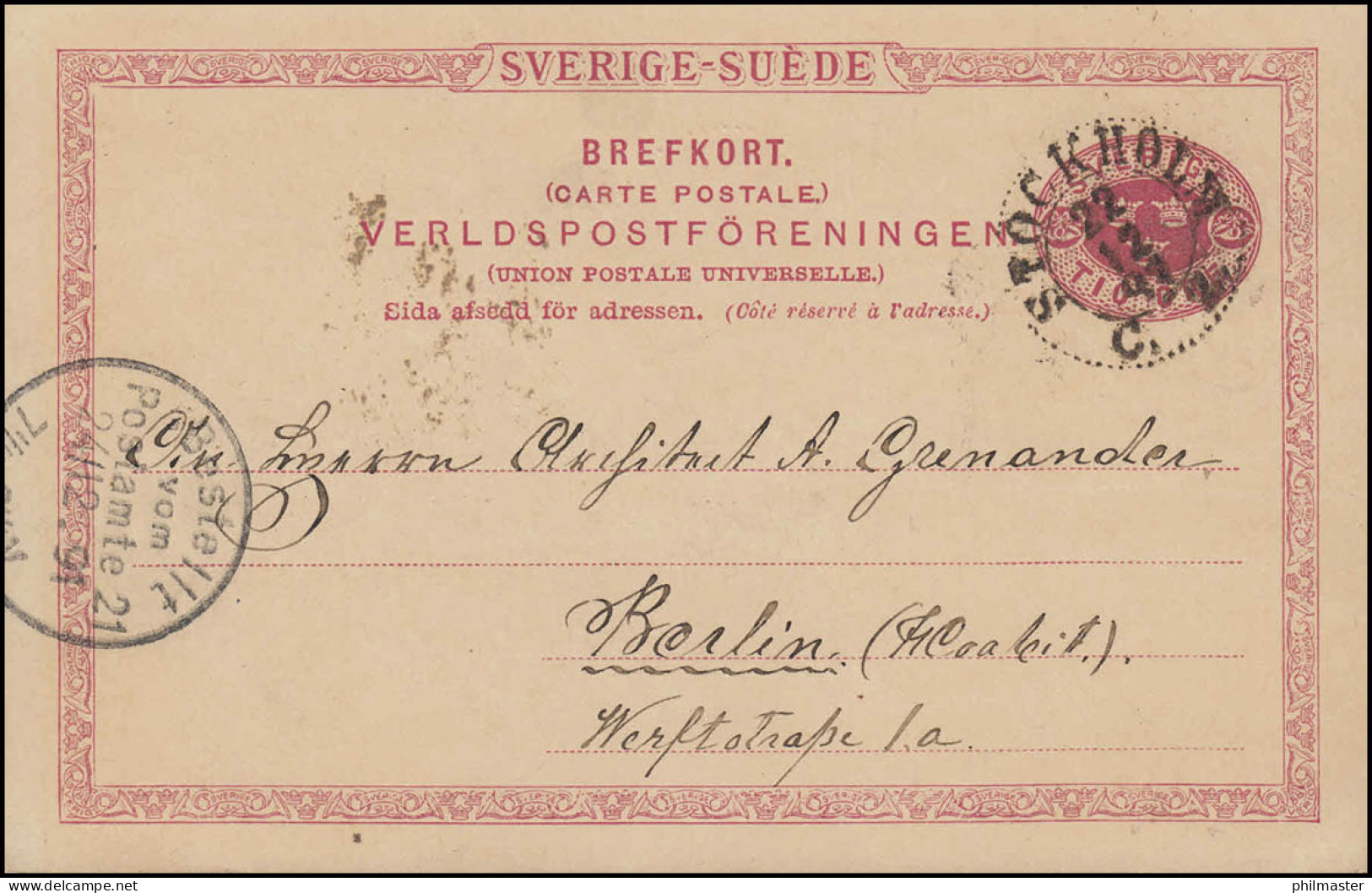 Postkarte P 20 SVERIGE-SUEDE 10 Öre, STOCKHOLM 22.12.1891 Nach BERLIN 24.12.91 - Otros & Sin Clasificación