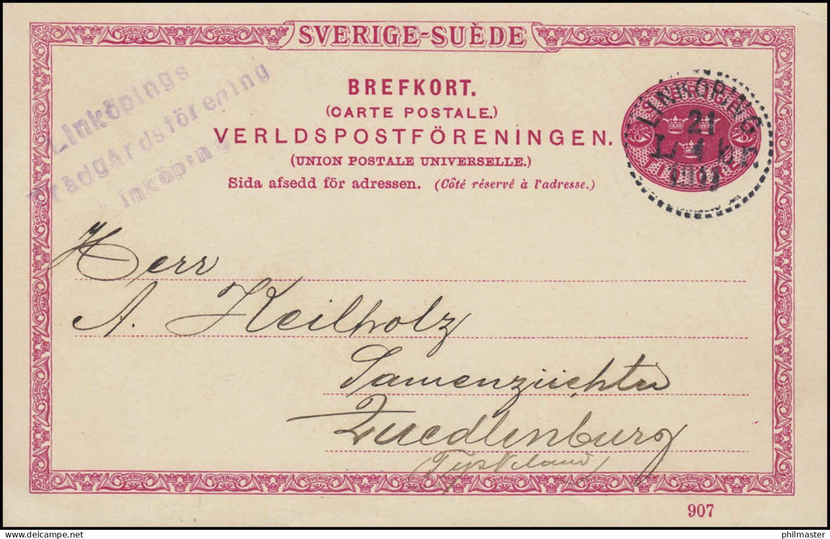 Postkarte P 25 SVERIGE-SUEDE 10 Öre Mit DV 907, LINKKÖPING 21.4.1911 - Postal Stationery