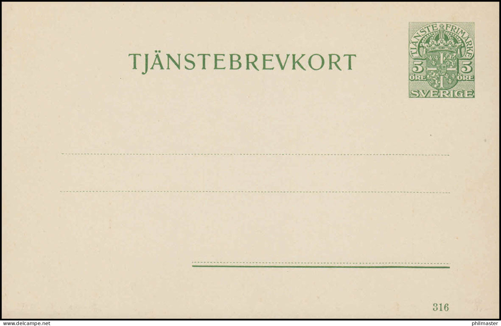 Dienstpostkarte DP 8 Tjänstebrevkort 5 Öre Druckdatum 316, ** Postfrisch - Enteros Postales