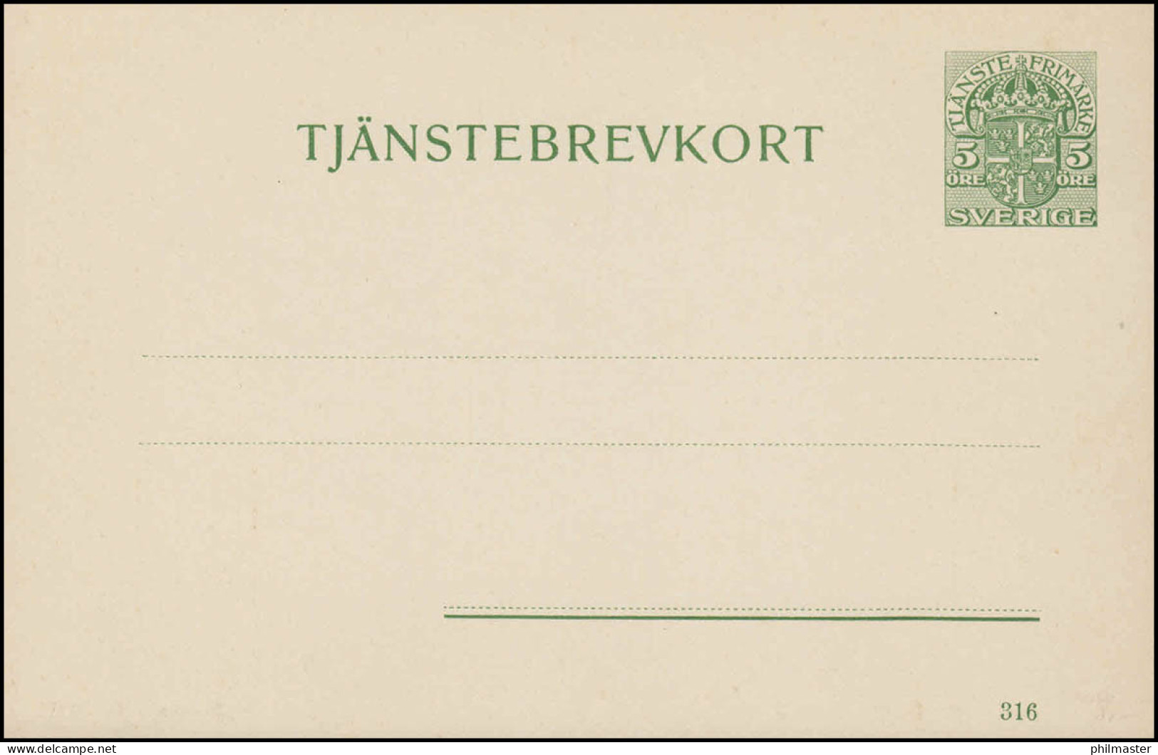 Dienstpostkarte DP 8 Tjänstebrevkort 5 Öre Druckdatum 316, ** Postfrisch - Interi Postali