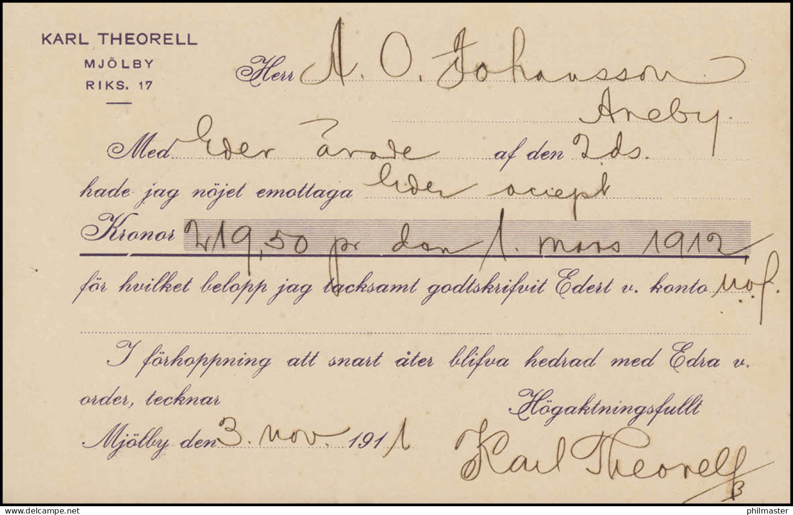 Postkarte P 24 BREFKORT 5 Öre Druckdatum 1210, MJÖLBY 4.11.1911 Nach Aneby - Postal Stationery