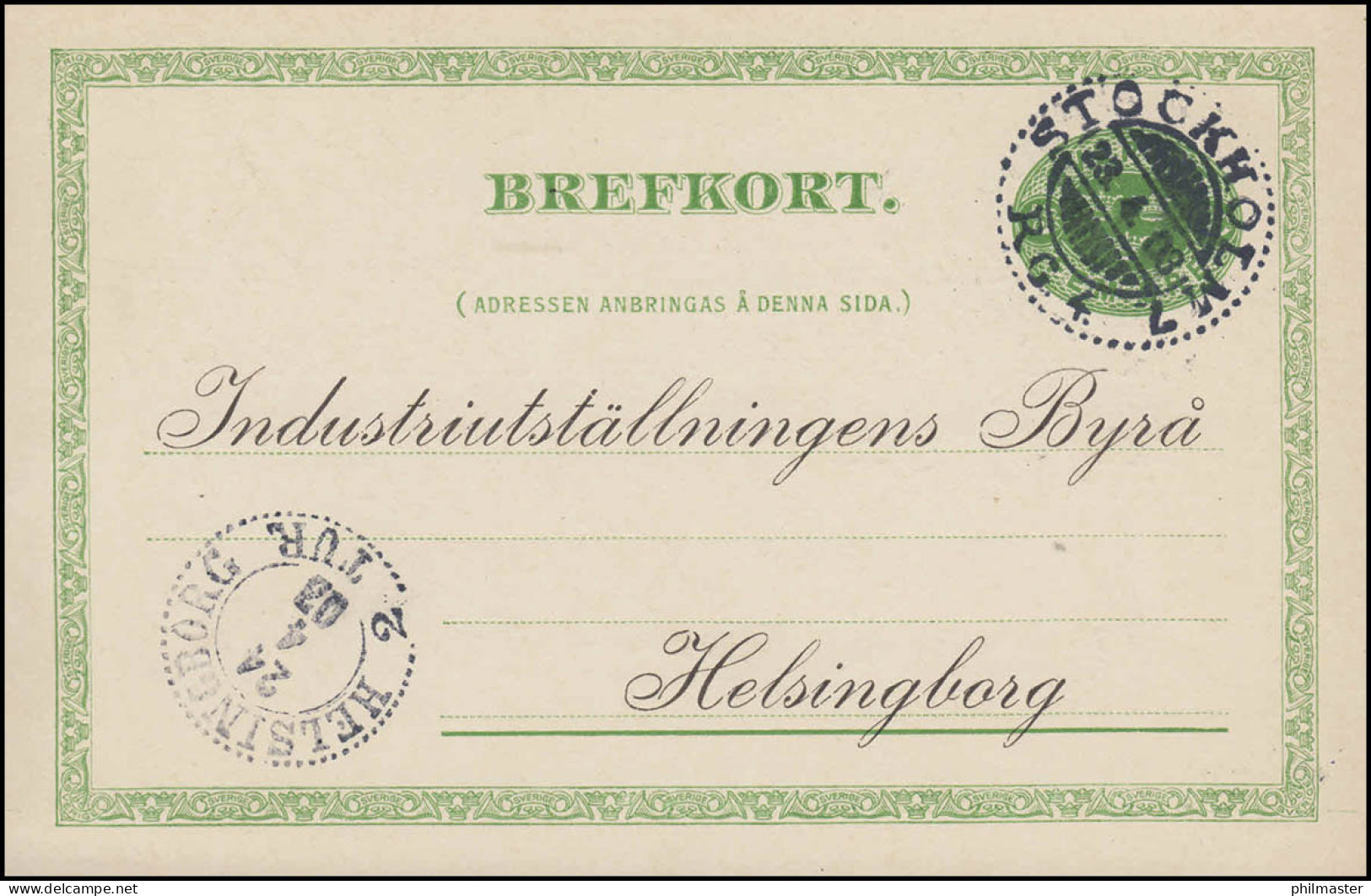 Postkarte P 19 BREFKORT 5 Öre, STOCKHOLM 23.4.1903 N. HELSINGBORG 24.4.1903 - Interi Postali