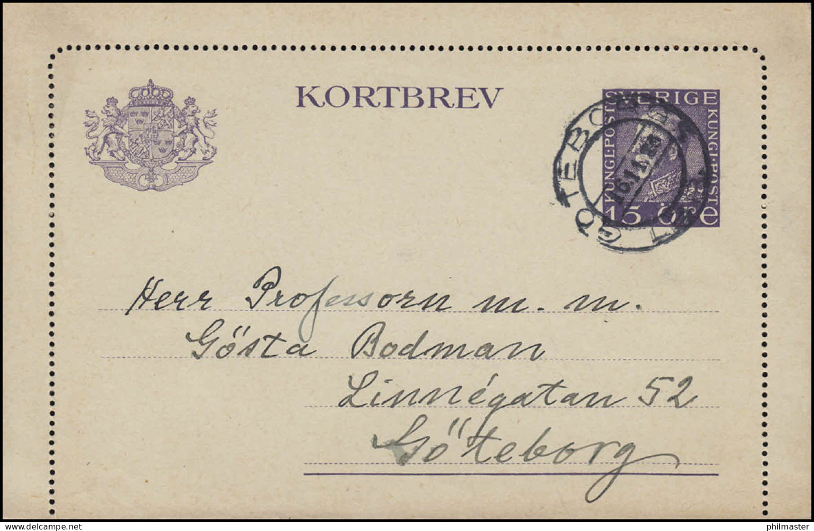 Kartenbrief K 23 KORTBREV 15 Öre, GÖTEBORG 16.11.1923, Karte Mit Rand - Entiers Postaux