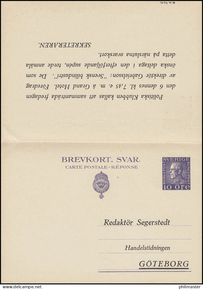 Postkarte P 52II Brevkort König Gustav 10/10 Öre, GÖTEBORG 3.5.37 Ortspostkarte - Postal Stationery