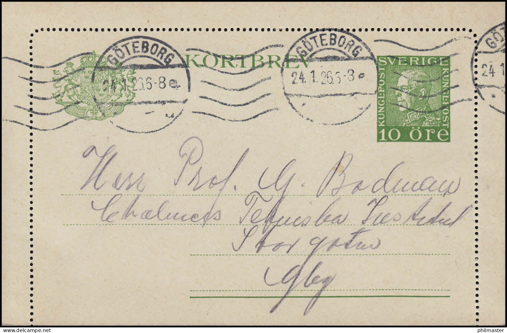 Kartenbrief K 22 KORTBREV 10 Öre, GÖTEBORG 24.1.1926, Karte Mit Rand - Postwaardestukken