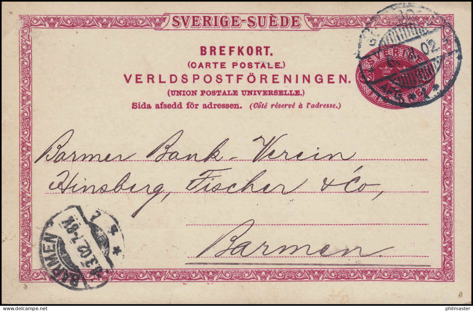 Postkarte P 20 SVERIGE-SUEDE 10 Öre, GÖTEBORG 6.3.1902 Nach BARMEN 8.3.02 - Monnaies