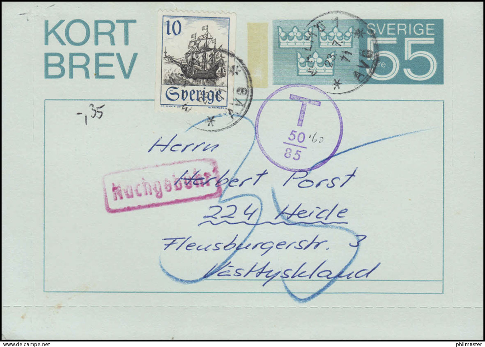 Kartenbrief K 46 Kortbrev 55 Öre Mit Zusatzfr MALMÖ 23.7.71 T-Stempel/Nachgebühr - Enteros Postales