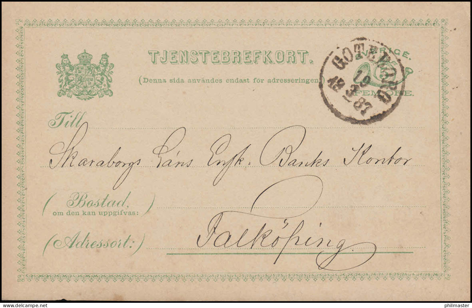 Dienstpostkarte DP 6II Tjänstebrevkort 5 Öre Ohne Druckdatum GÖTEBORG 19.3.1887 - Postal Stationery