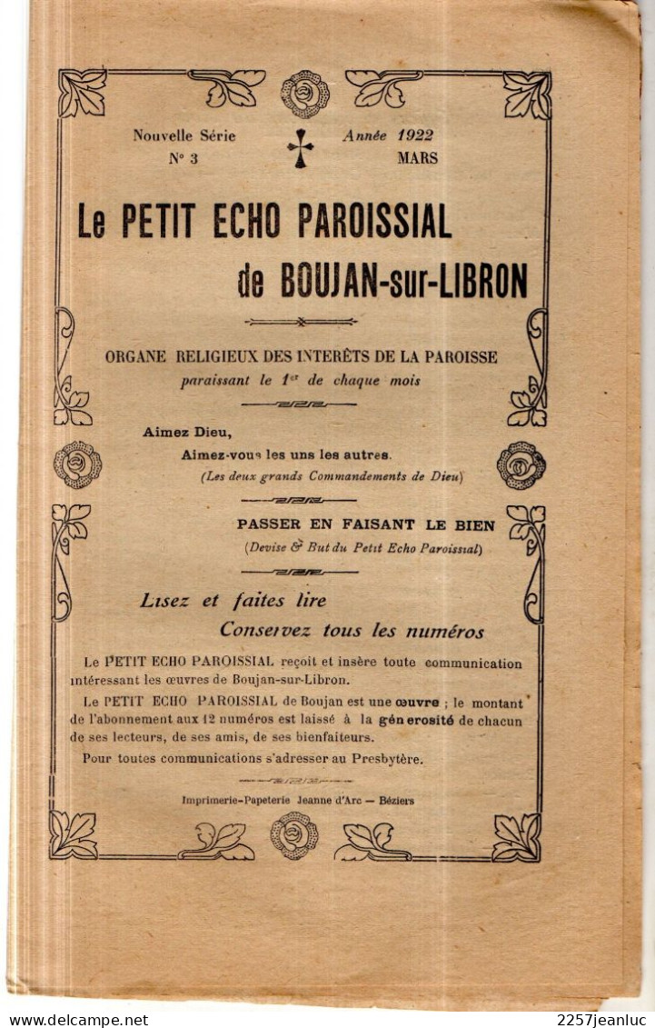 Le Petit Echo Paroissial  De Boujan Sur Libron  Mars 1922.n 3 De 16 Pages - Documenti Storici