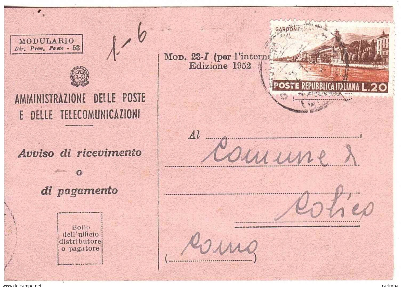 1953 L.20 TURISMO GARDONE AVVISO RICEVIMENTO - 1946-60: Poststempel