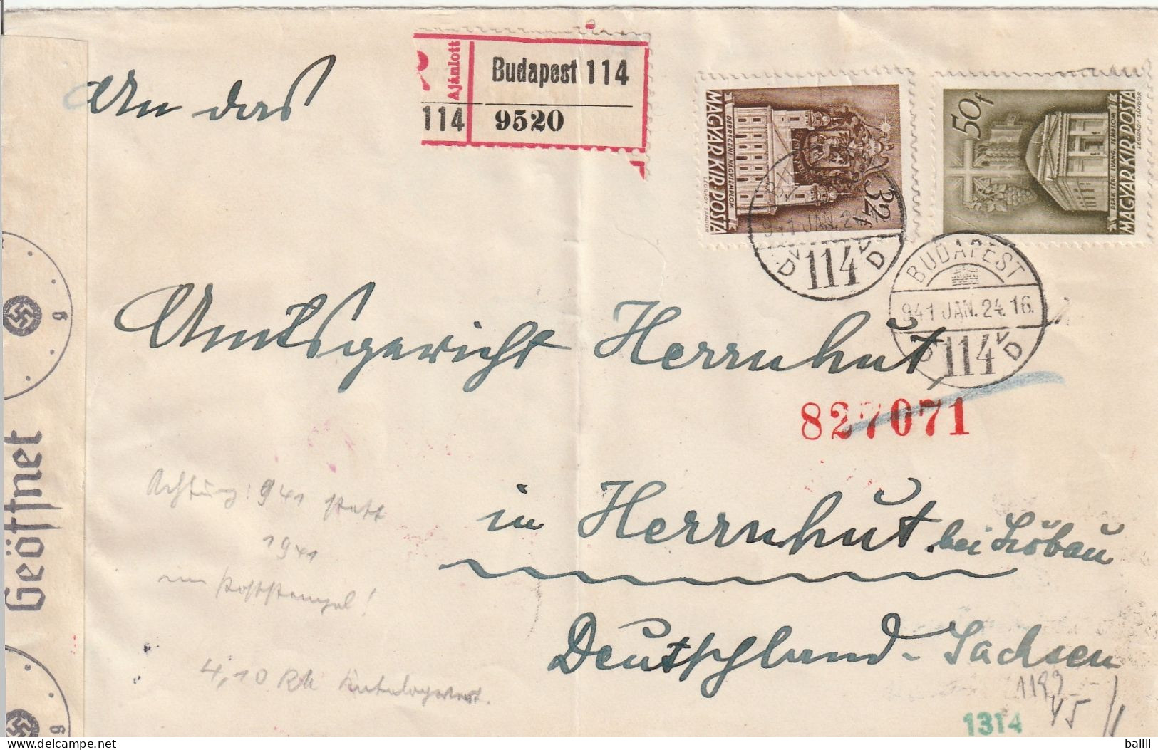 Hongrie Lettre Recommandée Censurée Pour L'Allemagne 1941 - Briefe U. Dokumente