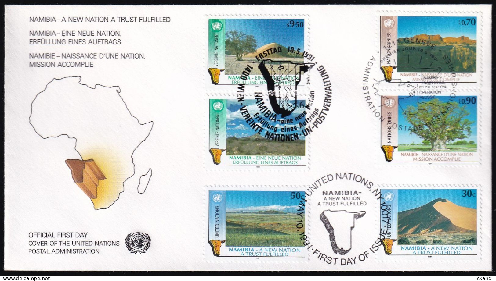 UNO NEW YORK - WIEN - GENF 1991 TRIO-FDC Namibia - Gemeinschaftsausgaben New York/Genf/Wien