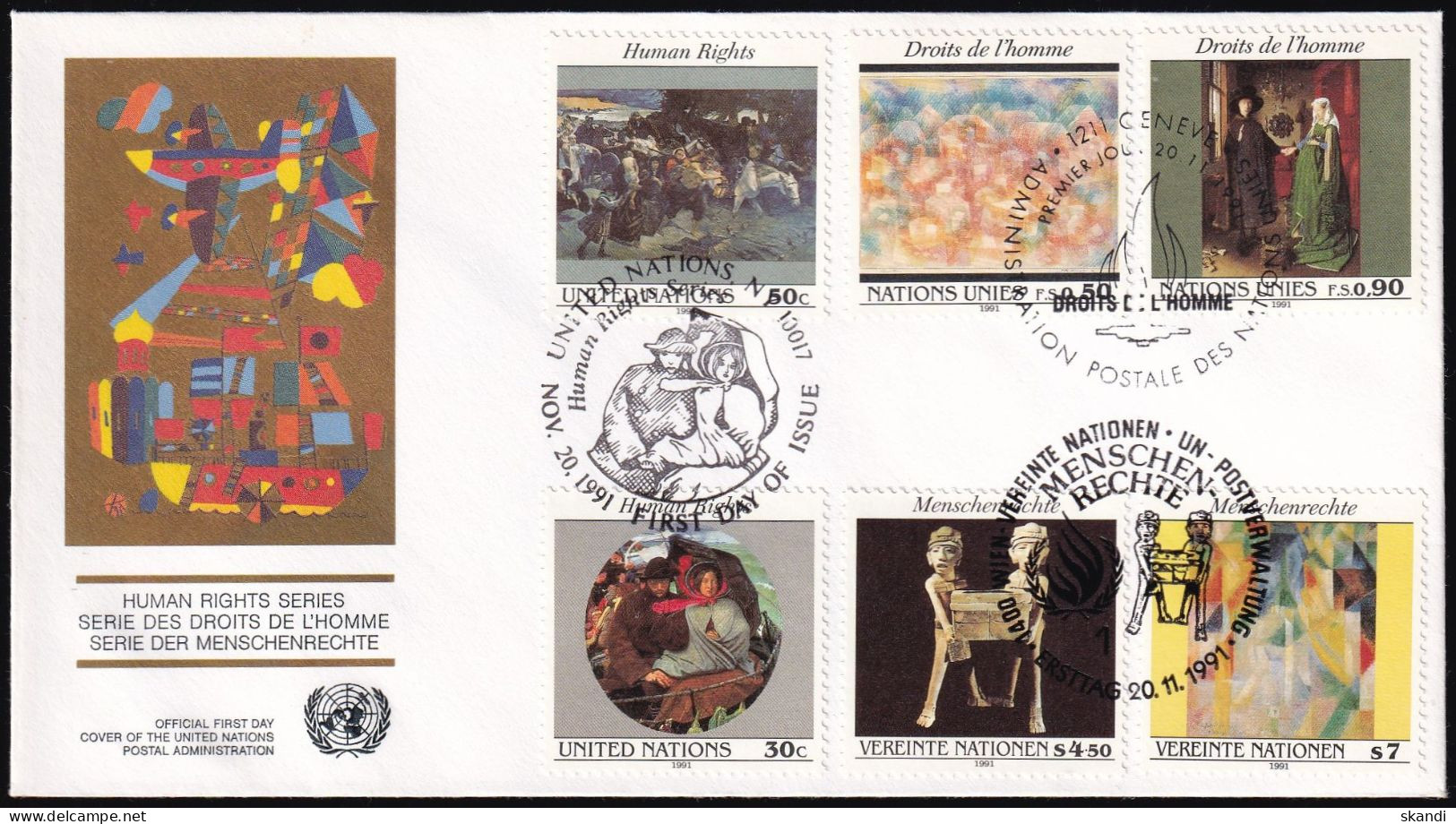 UNO NEW YORK - WIEN - GENF 1991 TRIO-FDC Menschenrechte - New York/Geneva/Vienna Joint Issues