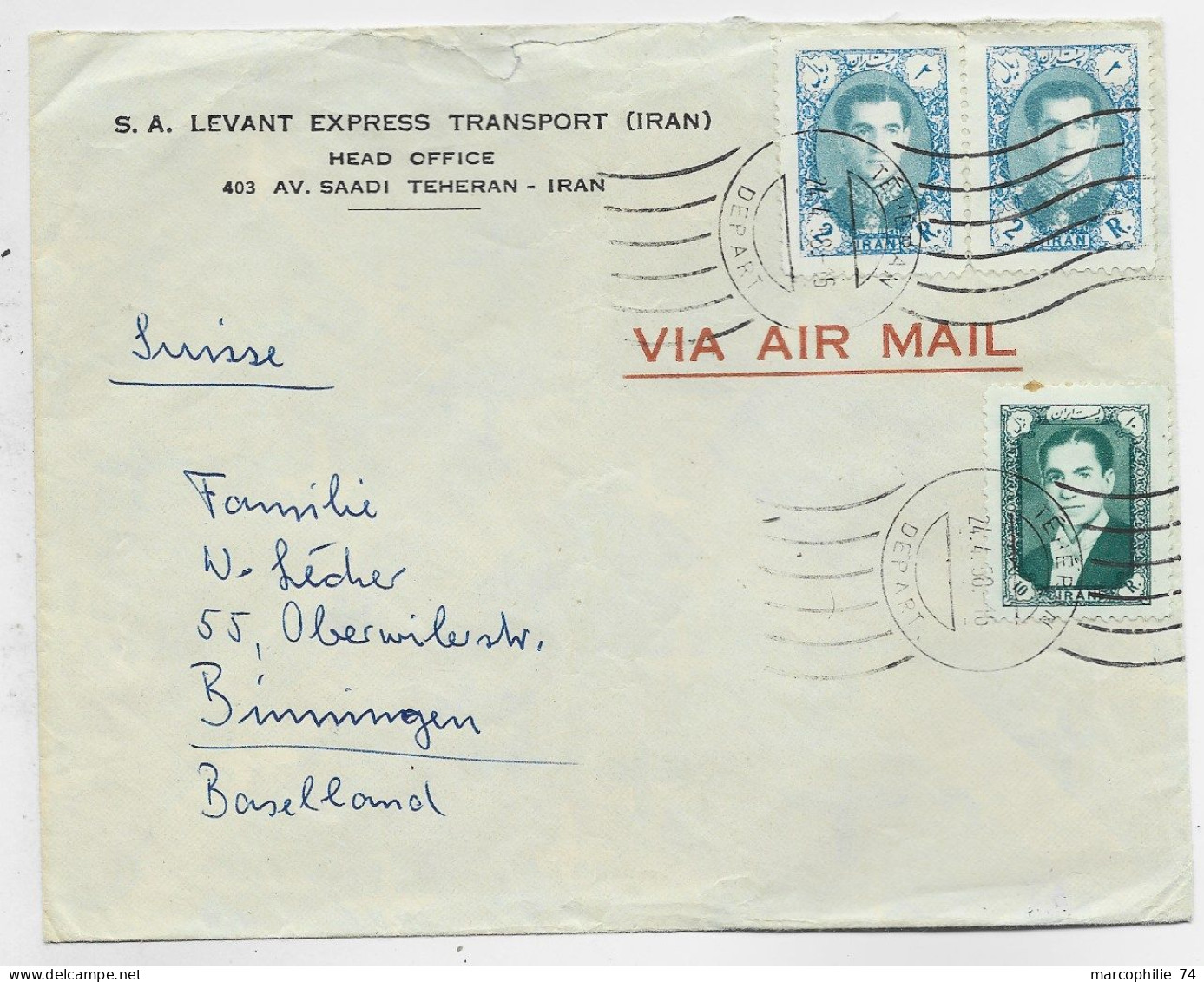 PERSIA 2RX2+10R  LETTRE COVER AIR MAIL LEVANT EXPRESS TRANSPORT TEHERAN DEPART  IRAN 1958 TO SUISSE - Iran