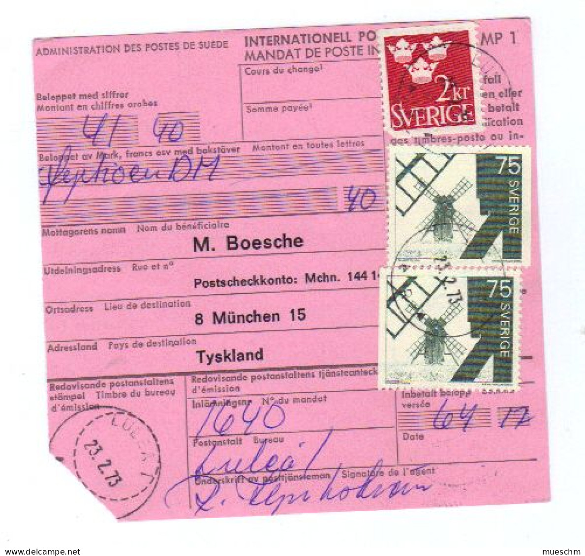 Schweden, 1973, Internat. Postanweisungsformular, Frankiert Mit MiNr.628 + 2x711DR (10391W) - Sonstige & Ohne Zuordnung