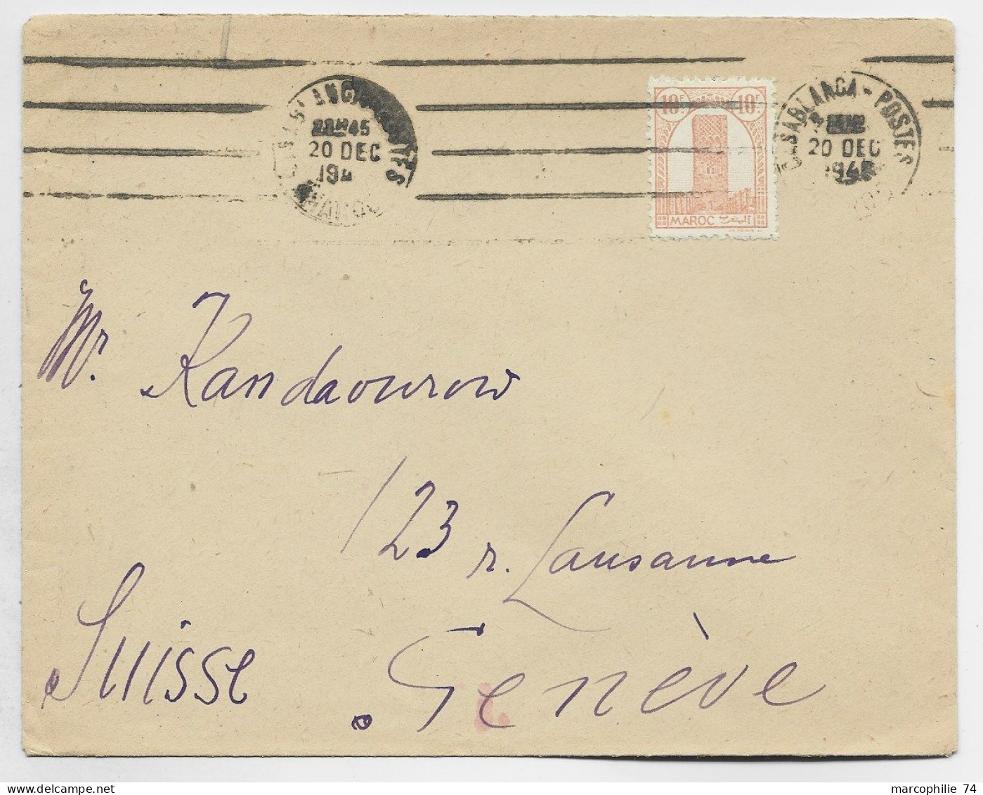 MAROC 10FR ORANGE SEUL LETTRE COVER MEC CACSABLANCA POSTES 20 DEC 1946 TO SUISSE AU TARIF - Brieven En Documenten