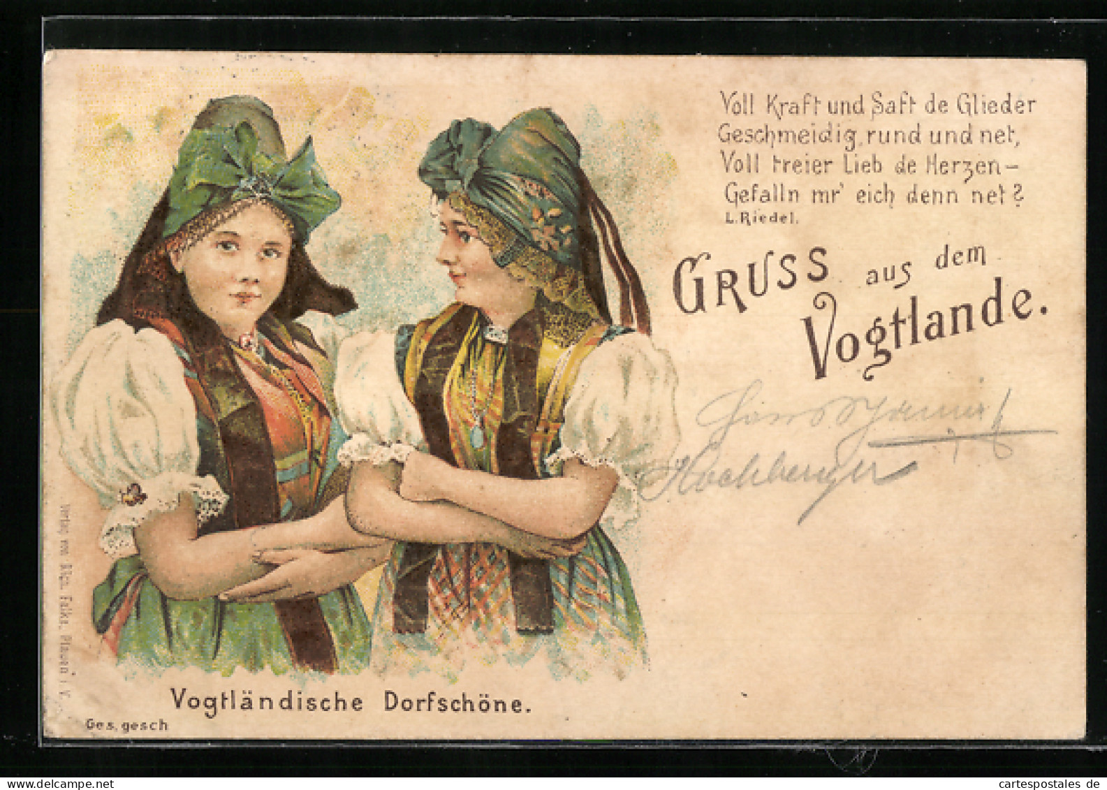 Lithographie Vogtländische Dorfschönheiten In Tracht  - Trachten