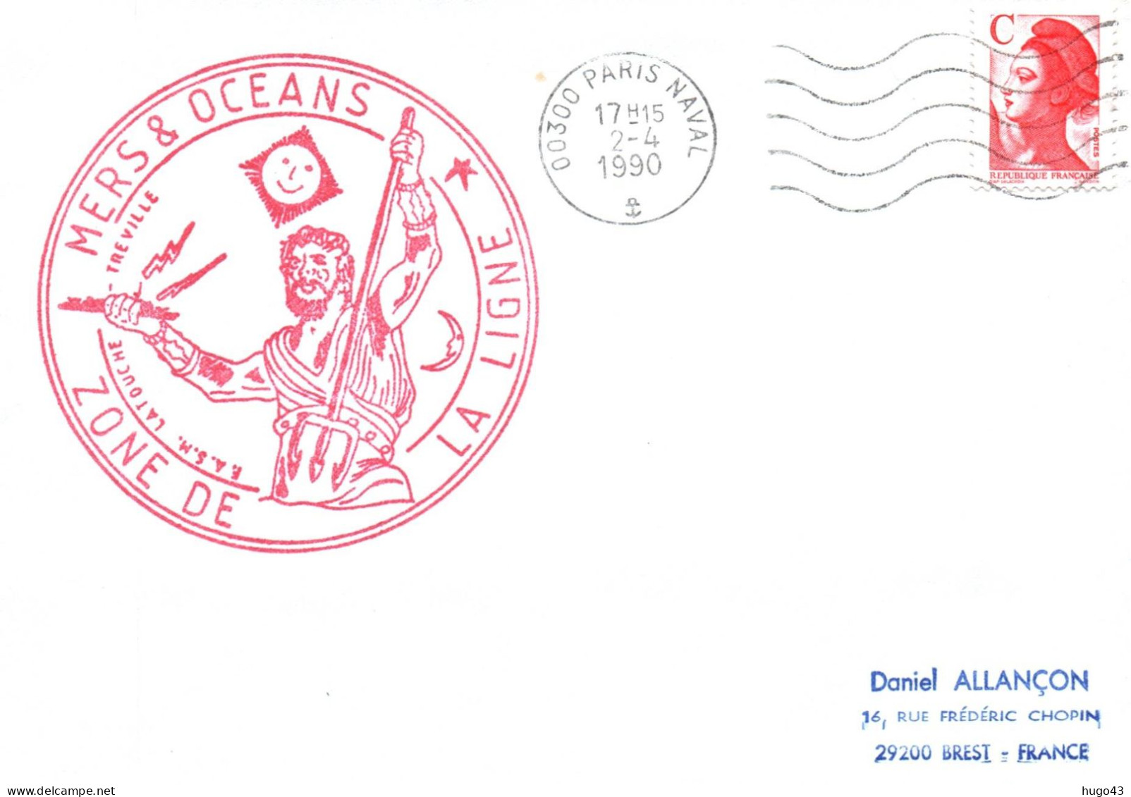 ENVELOPPE AVEC CACHET FREGATE LATOUCHE TREVILLE - 02/04/1990 - MISSION MERS ET OCEAN LA LIGNE - Naval Post