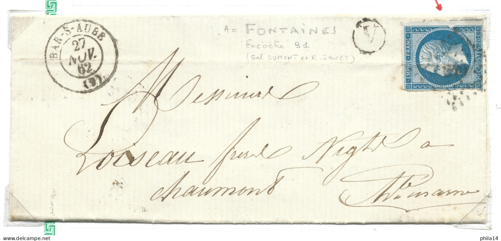 N°14 20c BLEU NAPOLEON T2 SUR LETTRE / VARIETE SUARNET 28 / PLANCHAGE 128B1 / PC 249 IND 11 BAR SUR AUBE BR V FONTAINES - 1853-1860 Napoléon III.