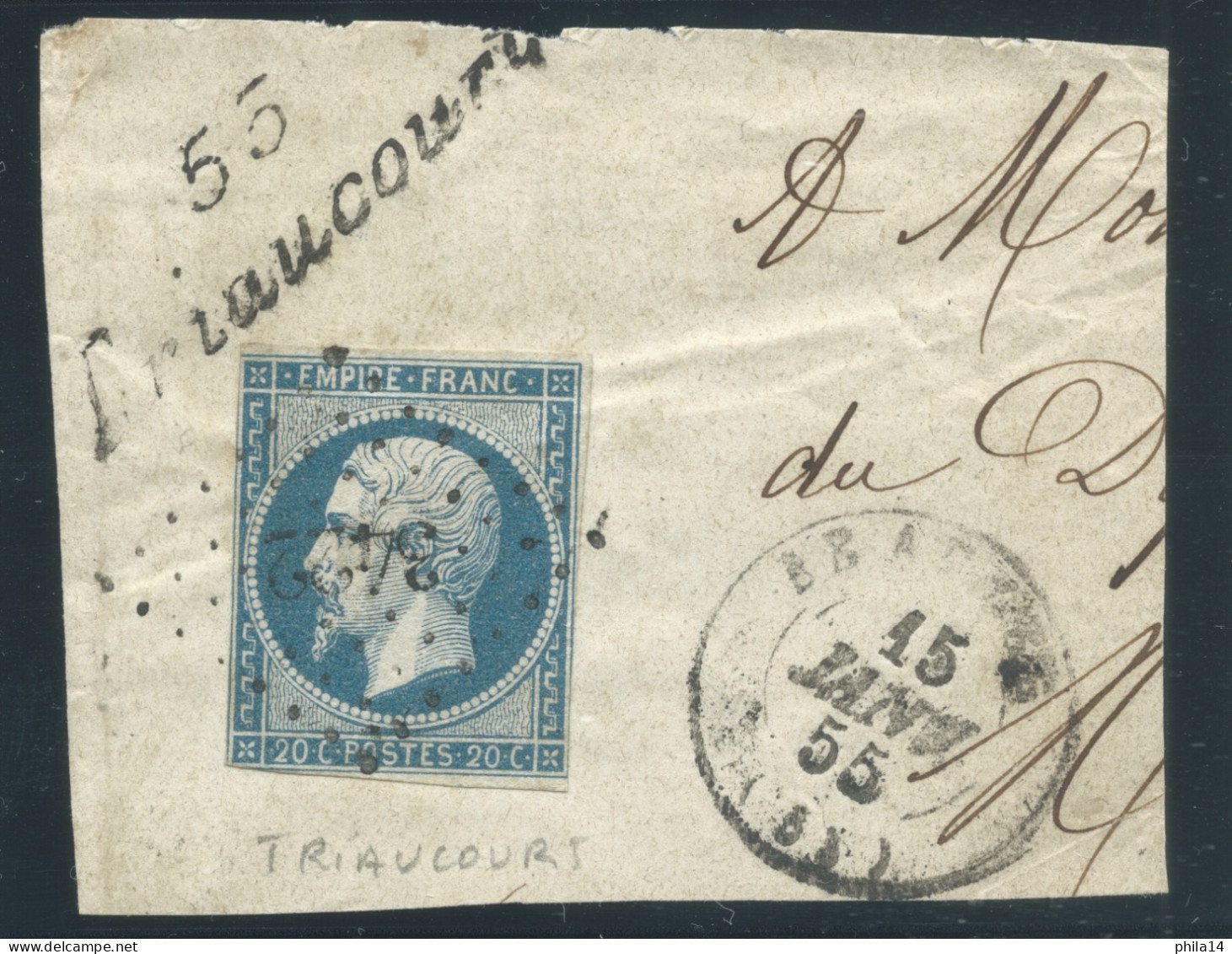 N°14 20c BLEU NAPOLEON T1 SUR FRAGMENT / PC 3422 IND 8 TRIAUCOURT MEUSE & CURSIVE 55 TRIAUCOURT - 1853-1860 Napoléon III.