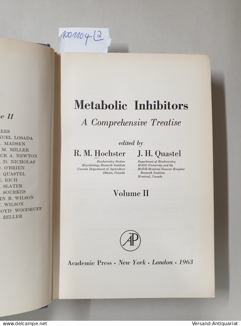 Metabolic Inhibitors : Vol. I Und II : 2 Bände : - Andere & Zonder Classificatie