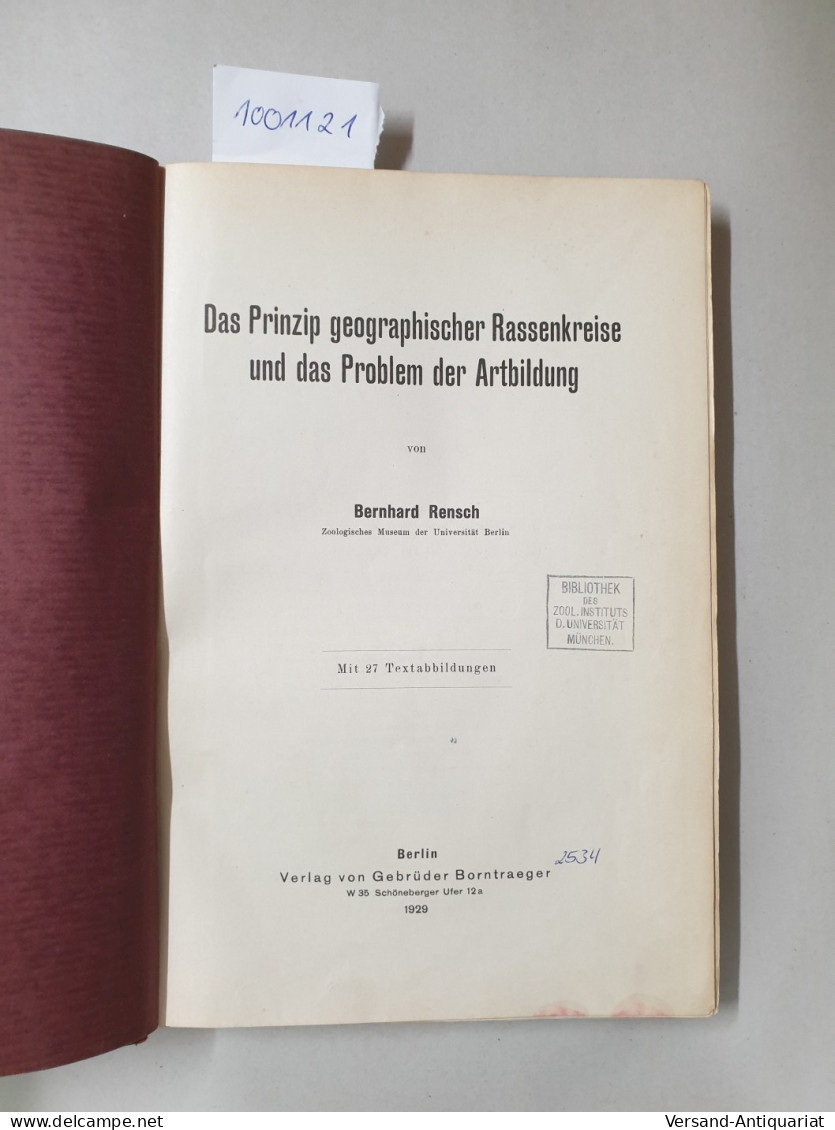 Das Prinzip Geographischer Rassenkreise Und Das Problem Der Artbildung : - Sonstige & Ohne Zuordnung