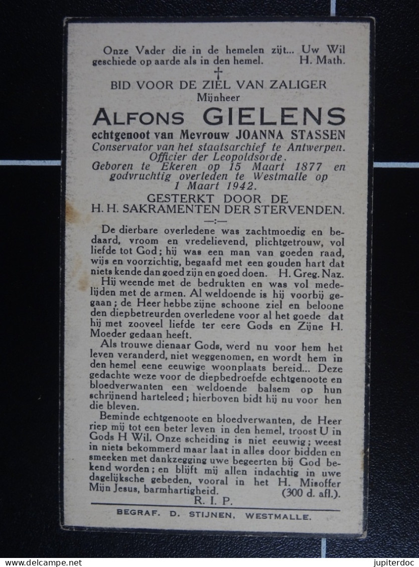 Alfons Gielens épx Stassen Ekeren 1877 Westmalle 1942 - Devotieprenten