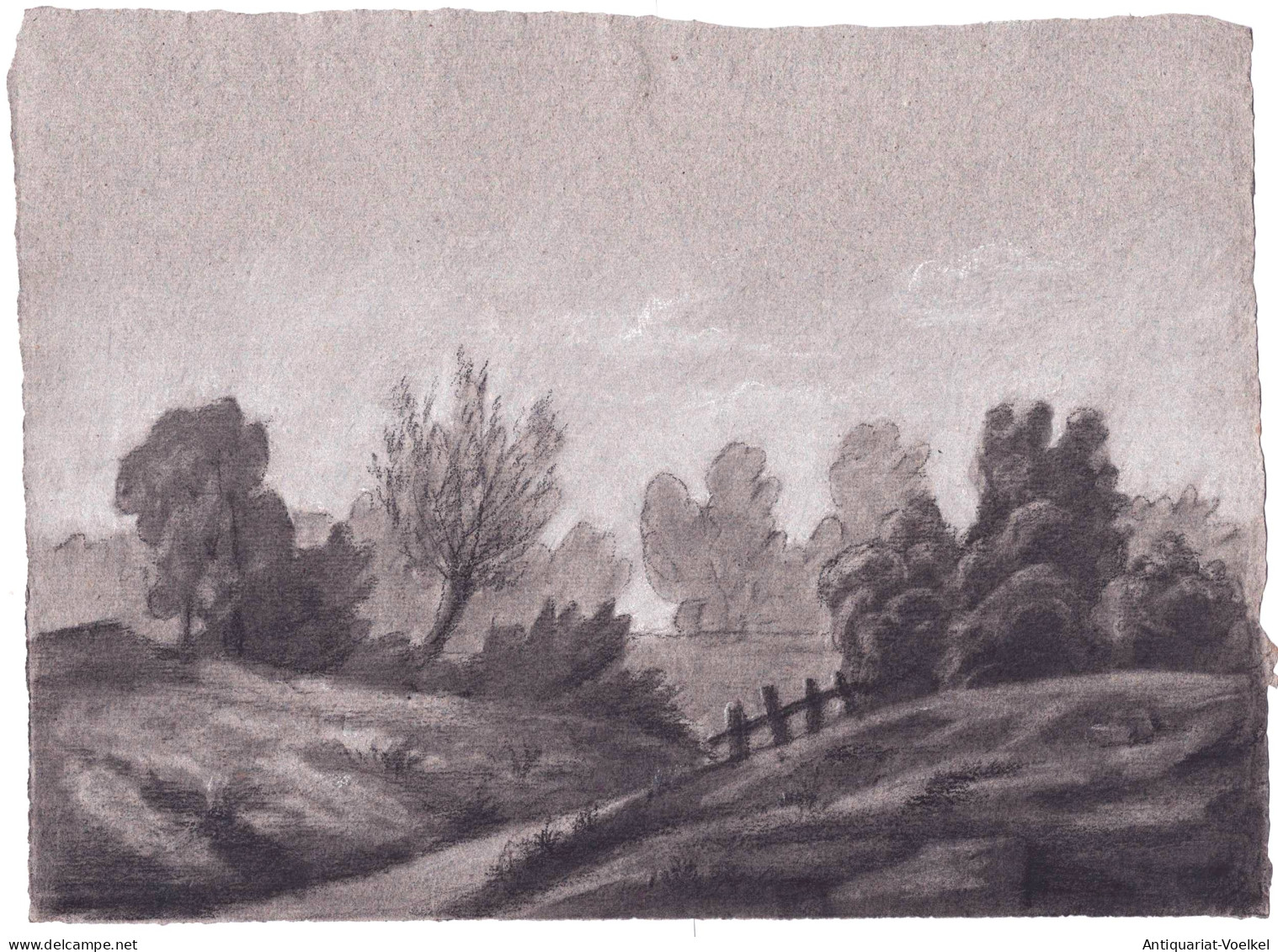 (Landschaft Mit Bäumen Und Zaun / Landscape With Trees And Fence) - Zeichnung Dessin Drawing - Prints & Engravings