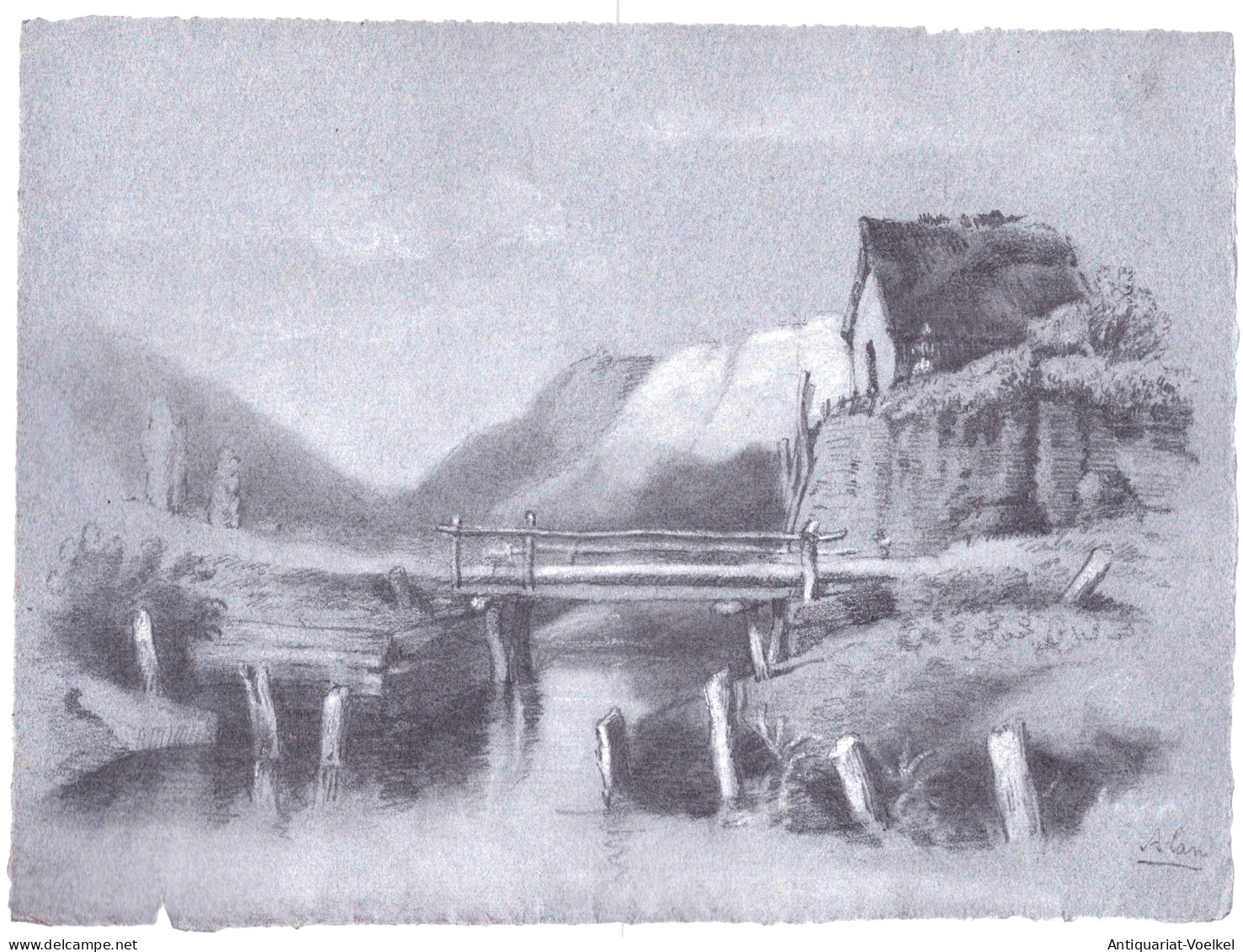 (Flusslandschaft Mit Brücke Und Bauernhaus / Bauernhof / River Landscape With Bridge And Farm Yard) - Zeichnu - Prints & Engravings
