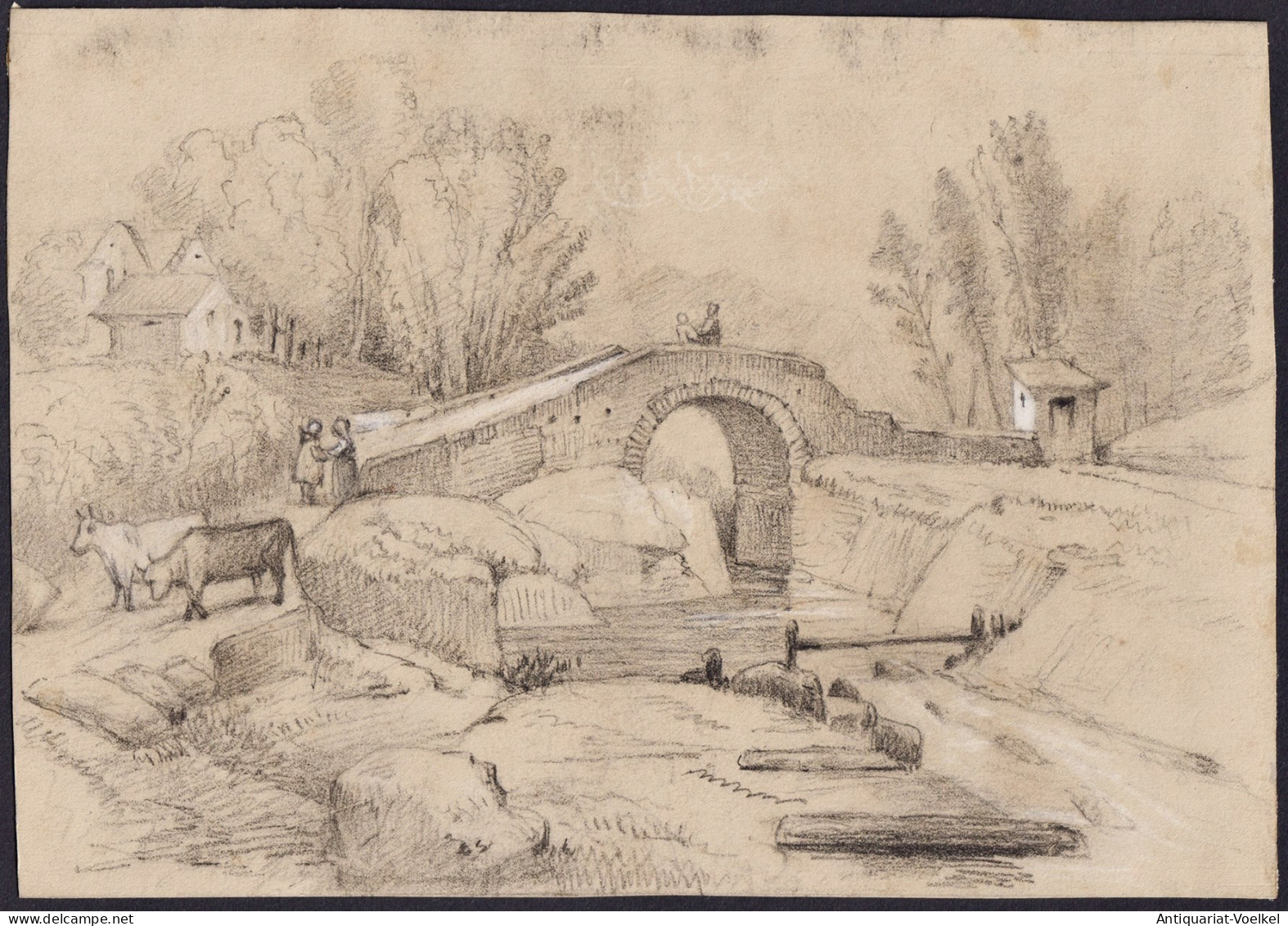 (Flusslandschaft Mit Brücke Und Bauernhäuser / River Landscape With Bridge And Farm Yard) - Zeichnung Dessin - Stiche & Gravuren